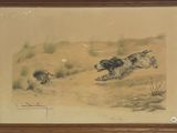 tableau représentant deux chiens courant sur le sable, avec un chien couché par terre