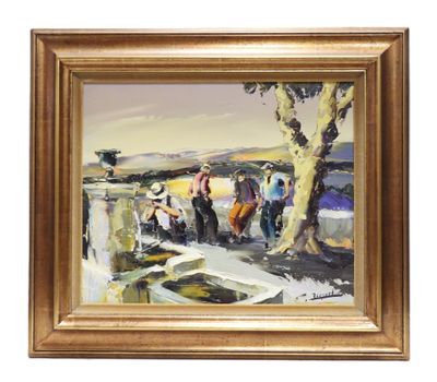 an oil painting of a group of people on a beach