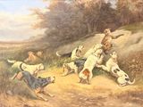 a painting of a man with a dog and a bunch of dogs