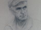 drawing of a man with a hat on his head and a shirt on