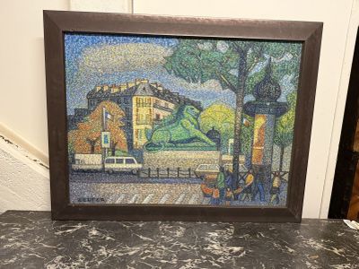 tableau représentant une scène de rue avec un lampadaire et un immeuble