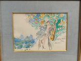 tableau représentant une femme jouant d'un instrument de musique devant un arbre