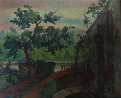 une peinture à l'huile représentant un cheval tirant une calèche sur une route