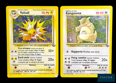 Deux cartes Pokémon sont représentées sur un fond noir : l'une est jaune et l'autre est blanche.