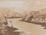 a picture of a drawing of a river with boats in it