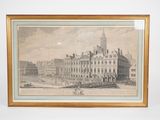 an old picture of a building with a clock tower in the middle of it