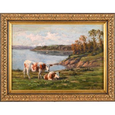 une peinture à l'huile représentant des vaches dans un pâturage au bord d'un lac