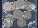 a lot of coins in the bag on the table