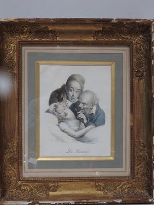 tableau représentant une femme tenant un bébé et un chien, dans un cadre doré
