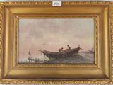 painting of a man and woman in a boat on a body of water