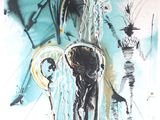 peinture abstraite représentant une femme et un cheval dans un paysage bleu