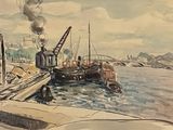 a watercolor painting of a boat docked at a dock
