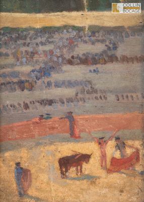 tableau représentant une scène de corrida avec un taureau au premier plan, un taureau au premier plan et un taureau au premier plan