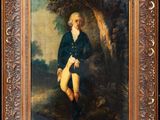 an old painting of a man in a blue jacket and white pants