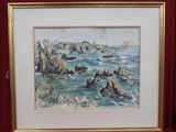 framed watercolor painting of a rocky coast with a lighthouse in the distance