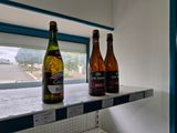 three bottles of beer sitting on a shelf in a store