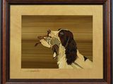une peinture à l'huile représentant un chien tenant un canard dans sa gueule