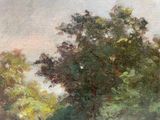 a painting of cows grazing in a field by the water