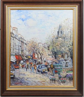 une peinture à l'huile représentant une scène de rue avec des personnes marchant dans la rue