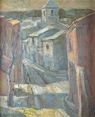 tableau représentant une vue de rue avec une église au loin