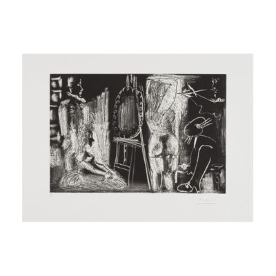 a black and white drawing of a man and a woman in a room
