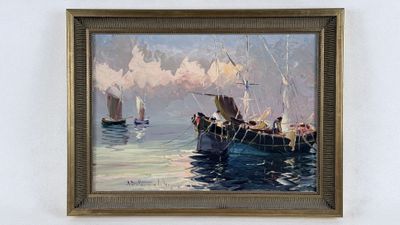 a painting on the wall of a boat in the water