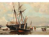 a painting of a boat on the beach with people on the shore