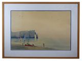 painting of a boat on the beach with people on it