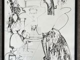 framed drawing of a woman in a hat and a man sitting at a table