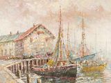 an oil painting of a harbor scene with boats docked in the water