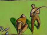 painting of two men standing in front of a group of fish