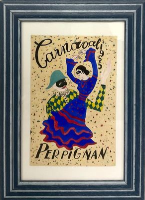un tableau représentant une femme en robe bleue tenant un éventail