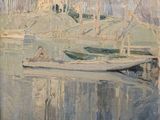 une peinture représentant un homme dans un bateau sur l'eau
