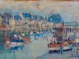 tableau représentant une scène portuaire avec des bateaux sur l'eau et des bâtiments en arrière-plan