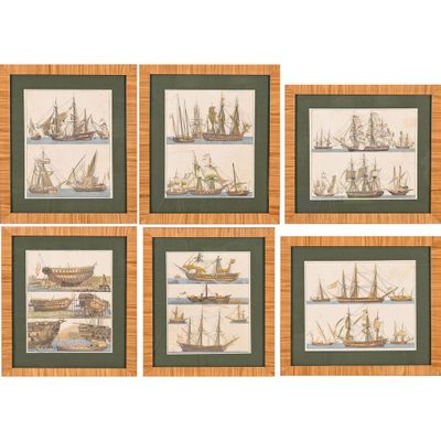 quatre photos encadrées représentant des navires à différentes étapes de leur vie, sur fond blanc