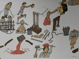 a picture of a drawing of people working in a factory