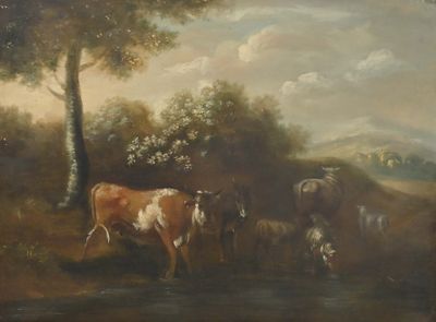 a painting of cows in a field by a stream