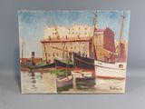an oil painting of boats in a harbor with buildings in the background