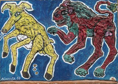 a painting of two dogs playing with a ball