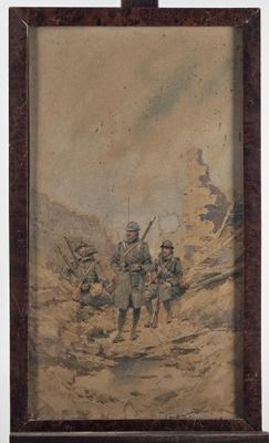 an old picture of a group of soldiers standing in a desert