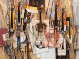 a painting of a bunch of musical instruments hanging on a wall