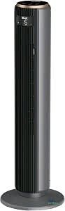 an image of a black and silver tower air purifier