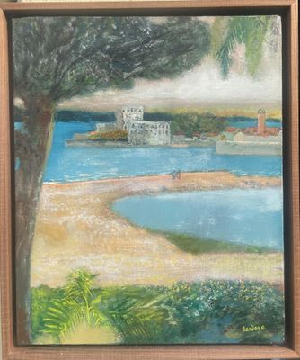 an oil painting of a view of a beach with a house in the distance