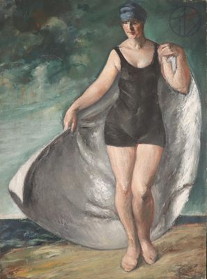 an oil painting of a woman in a bathing suit walking on a beach