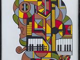 tableau représentant un instrument de musique aux motifs colorés, dans un cadre noir