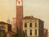 painting of a view of a canal with gondolas and a clock tower