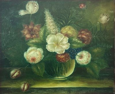 une peinture de fleurs dans un vase sur une table
