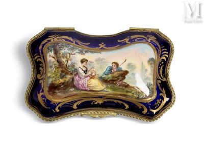 a picture of a blue and gold plate with a painting on it