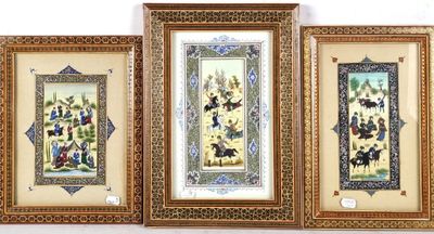 three framed paintings of people and animals on a wall