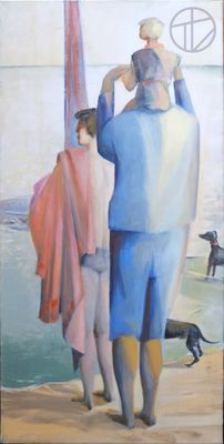 un tableau représentant deux personnes et un chien sur la plage